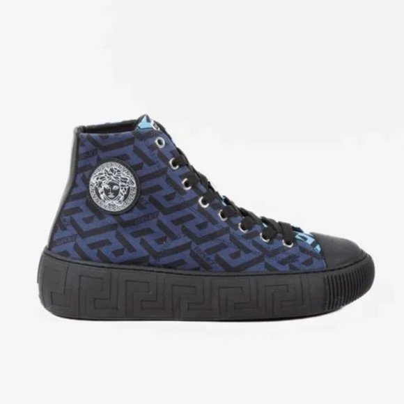 Versace Blue La Greca Canvas High-Top Sneakers - Picture 1 of 12
